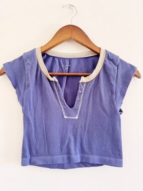 Urban Outfitters Blue Ribbed Cropped Top with Gold Trim M/L